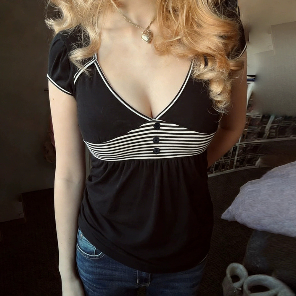 Zara Striped Contrast Collar Short Sleeve Retro Button Lounge Swing Tee